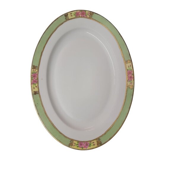 ZS Co Bavaria Large Oval Platter Gold Trim Hand Painted Green Pink Yellow Floral - Picture 1 of 14